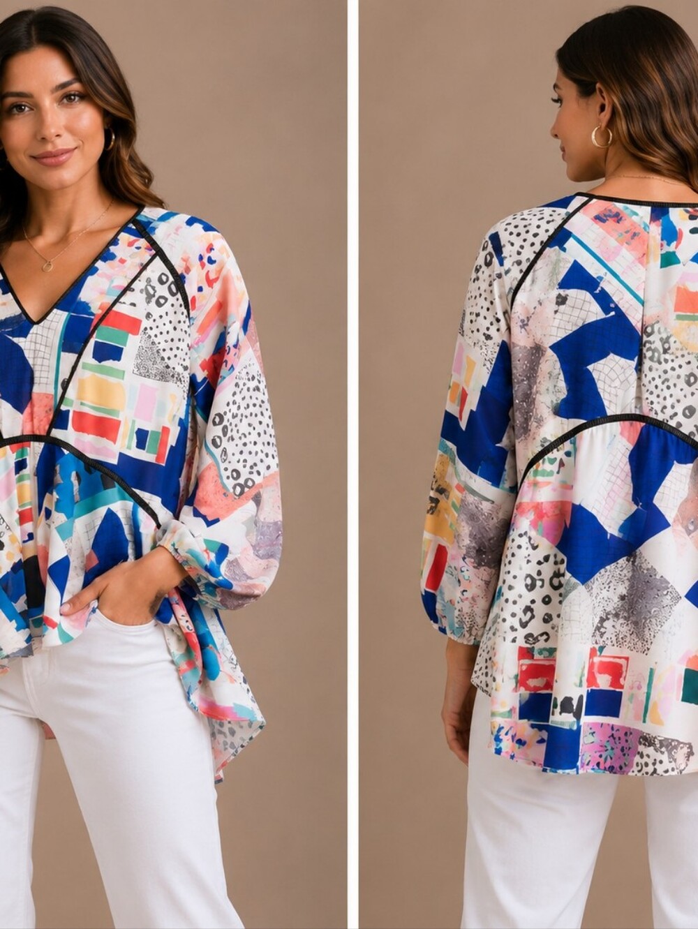 Abstract Multicolor V-Neck Women’s Blouse